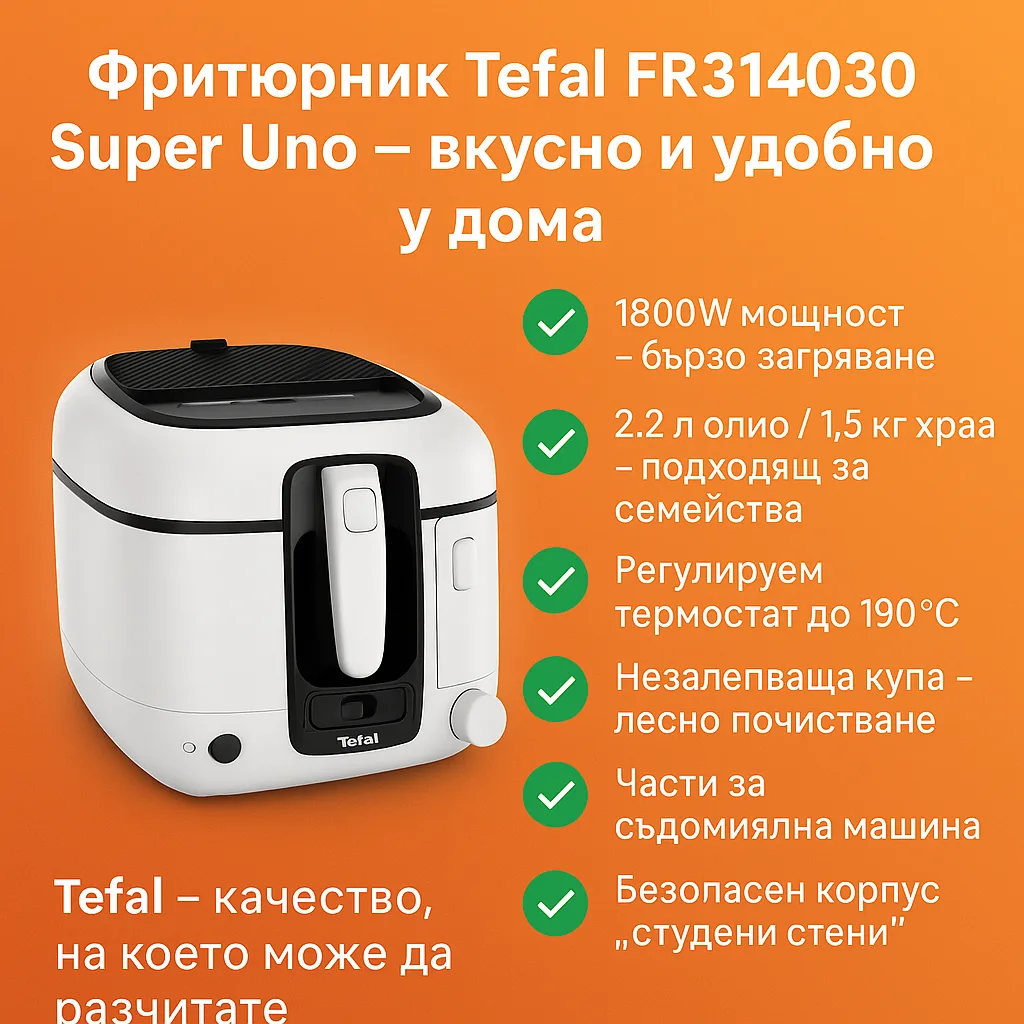 Фритюрник Tefal FR314030 Super Uno с отворен капак и кошница за пържене