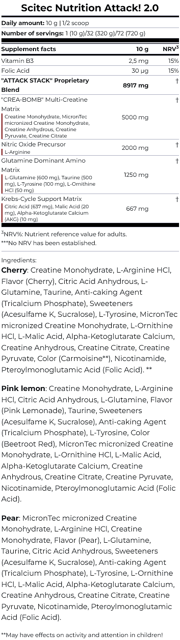 SCITEC NUTRITION Attack! 2.0 – мощна креатин матрица за сила, издръжливост и мускулна подкрепа - Image 2