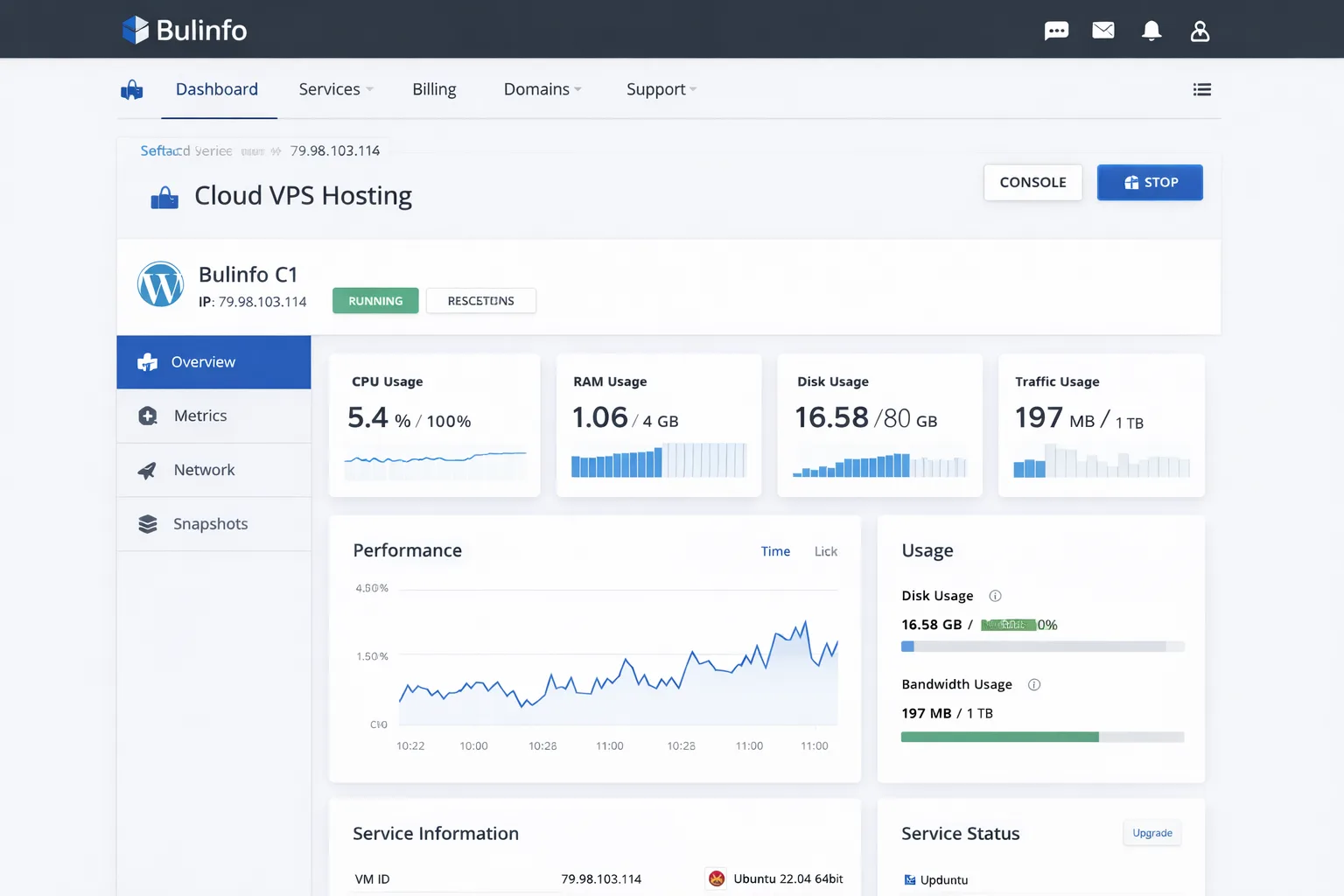 Bulinfo Cloud VPS dashboard с информация за CPU, RAM и дисково пространство