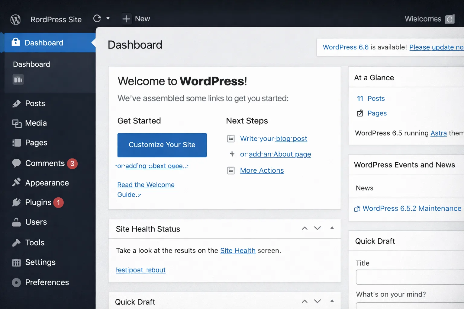 WordPress admin dashboard interface used to manage a website hosted on Bulinfo WordPress hosting