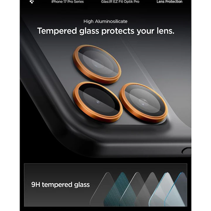 Комплект 2x стъкло за обектив Spigen Glas.tR Ez Fit Optik Pro 2-Pack за iPhone 17 Pro Max / 17 Pro / 16 Pro / 16 Pro Max / 15 Pro / 15 Pro Max / 14 Pro / 14 Pro Max – черно и оранжево - Image 4