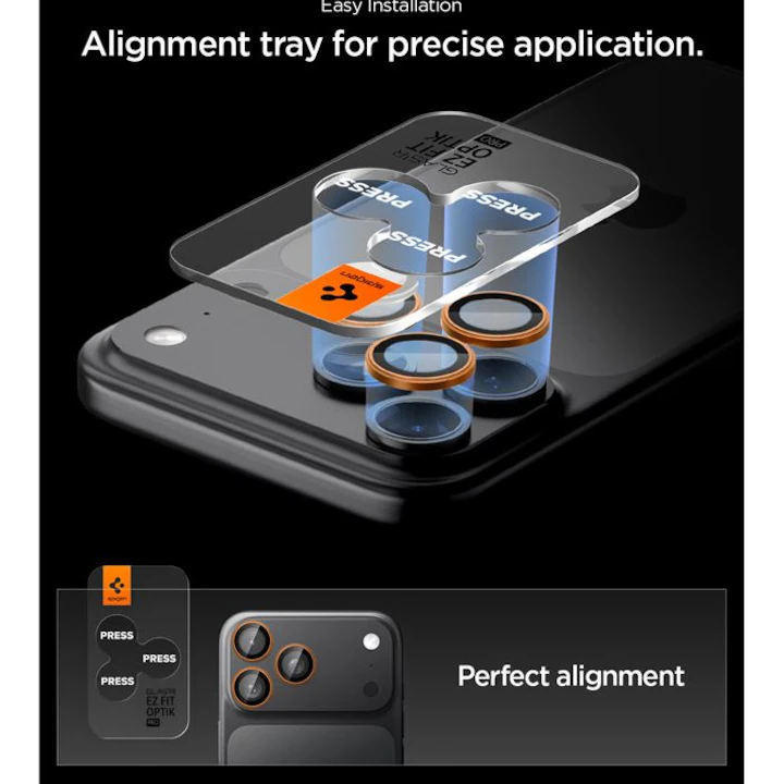 Комплект 2x стъкло за обектив Spigen Glas.tR Ez Fit Optik Pro 2-Pack за iPhone 17 Pro Max / 17 Pro / 16 Pro / 16 Pro Max / 15 Pro / 15 Pro Max / 14 Pro / 14 Pro Max – черно и оранжево - Image 2