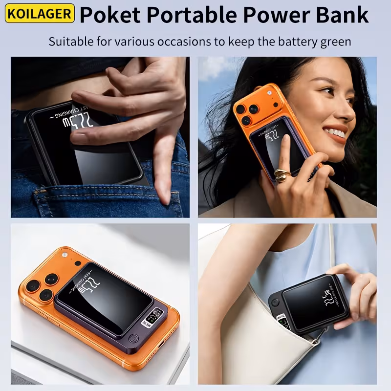 Магнитен безжичен Power Bank 10000mAh, 22.5W / PD20, USB-C, LED дисплей, за iPhone и Android - Image 4