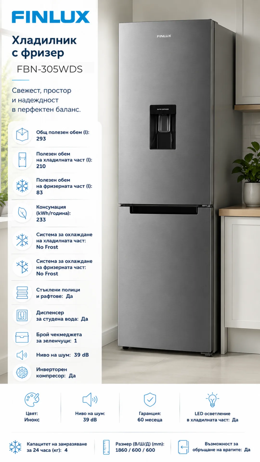 Finlux FBN-305WDS иноксов хладилник с фризер и диспенсер за студена вода