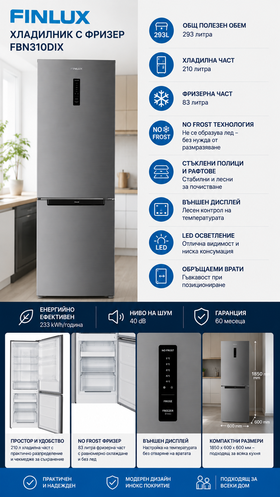 Finlux FBN310DIX свободностоящ хладилник с фризер 185 cm