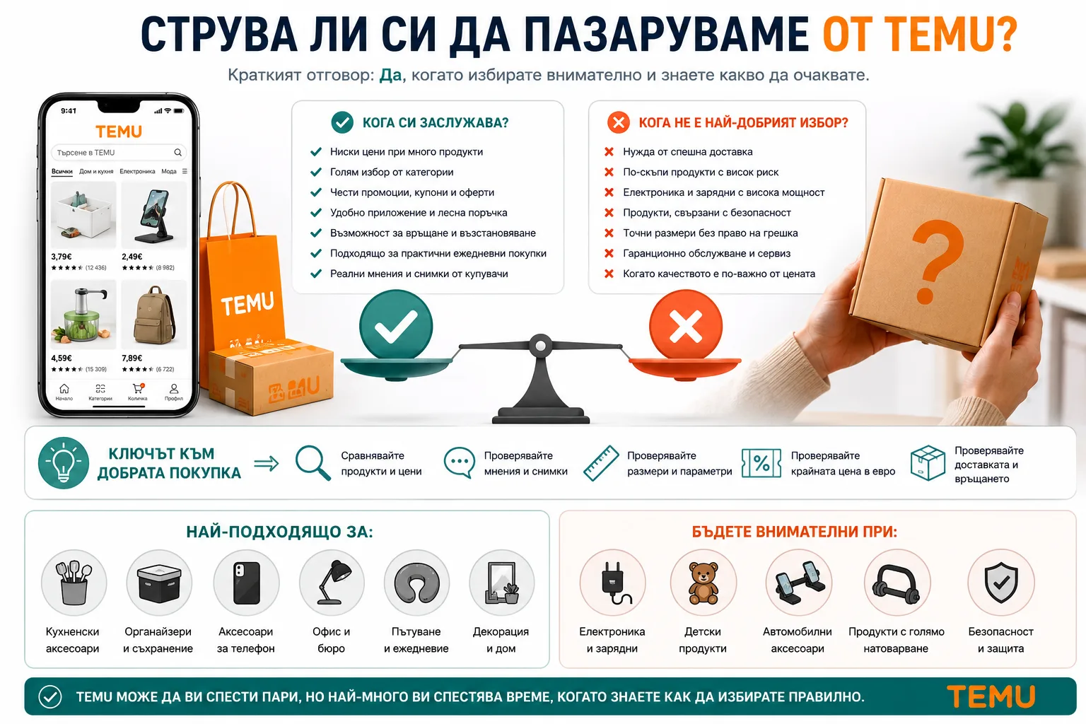Струва ли си да пазаруваме от TEMU – предимства и недостатъци, подходящи категории продукти, рискови покупки и важни проверки на мнения, размери, доставка, връщане и крайна цена в евро