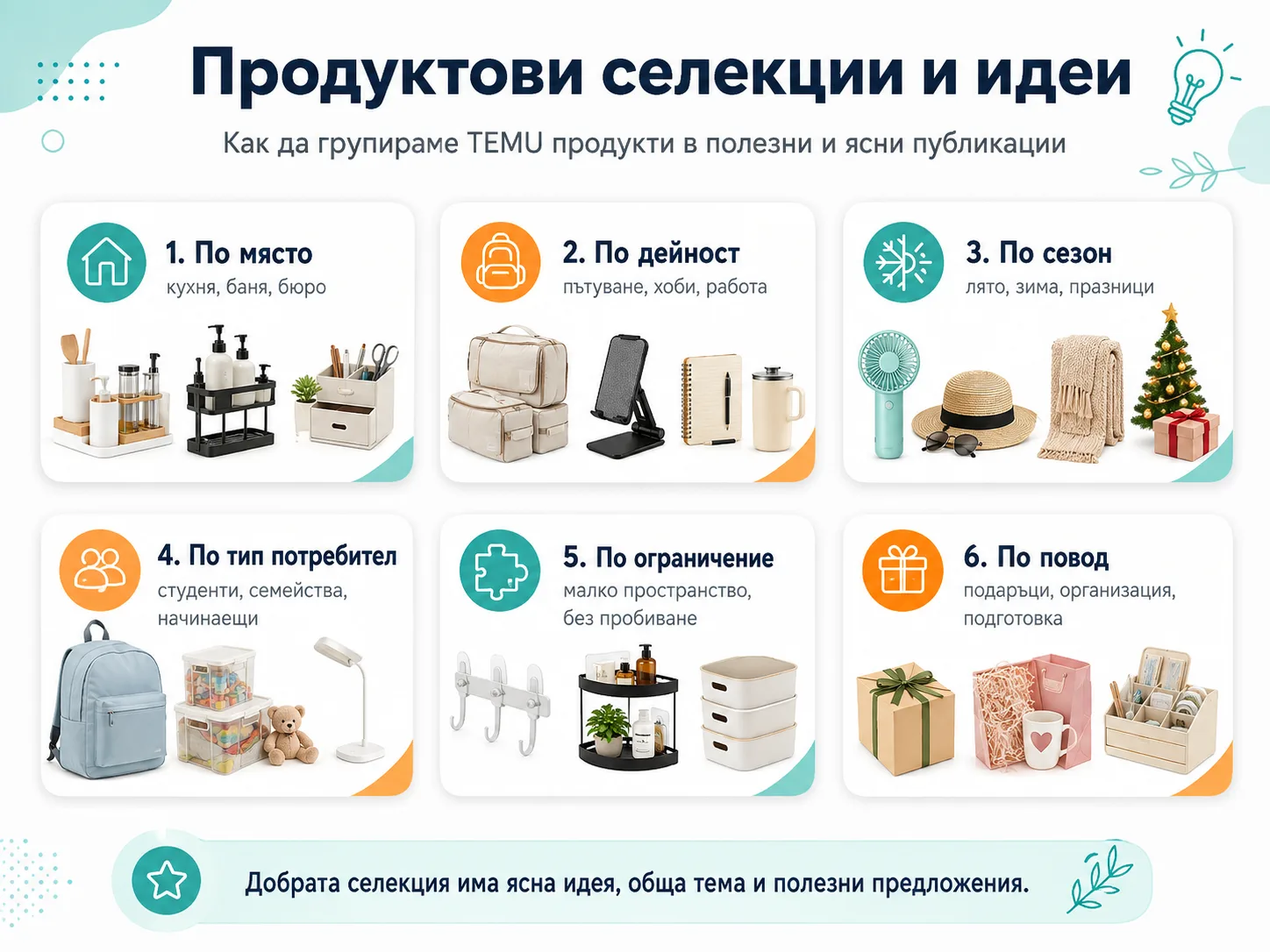 Продуктови селекции и идеи – групиране на TEMU продукти по място, дейност, сезон, тип потребител, ограничение и повод