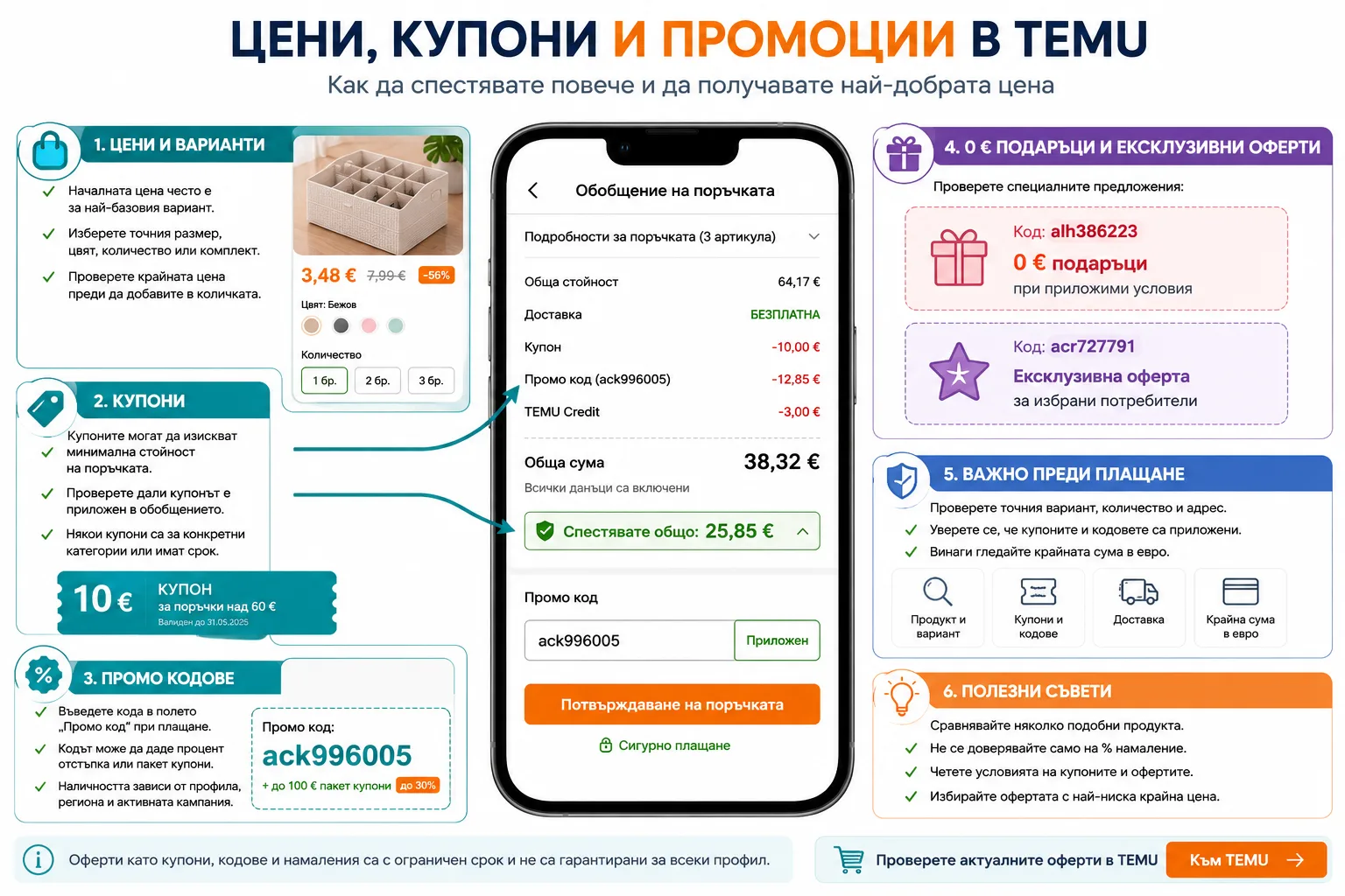 Цени, купони и промоции в TEMU – избор на точен вариант, прилагане на купон и промо код, 0 € подаръци, ексклузивни оферти и проверка на крайната сума в евро преди плащане