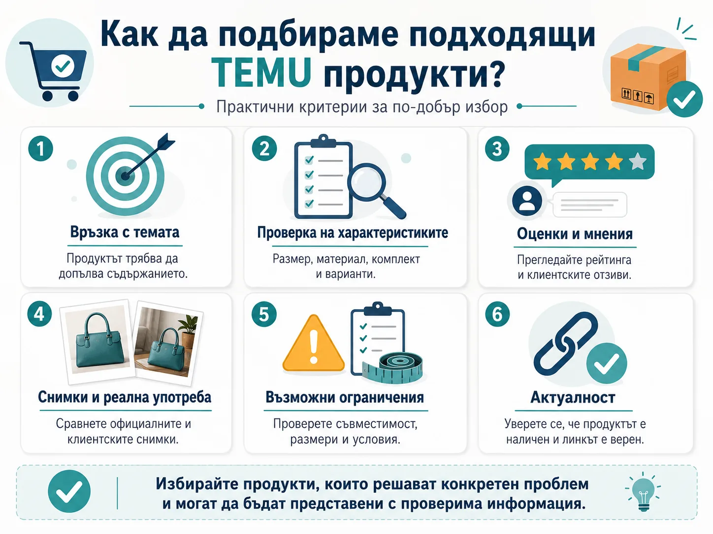 Как да подбираме подходящи TEMU продукти – проверка на характеристики, оценки, снимки, ограничения и актуалност