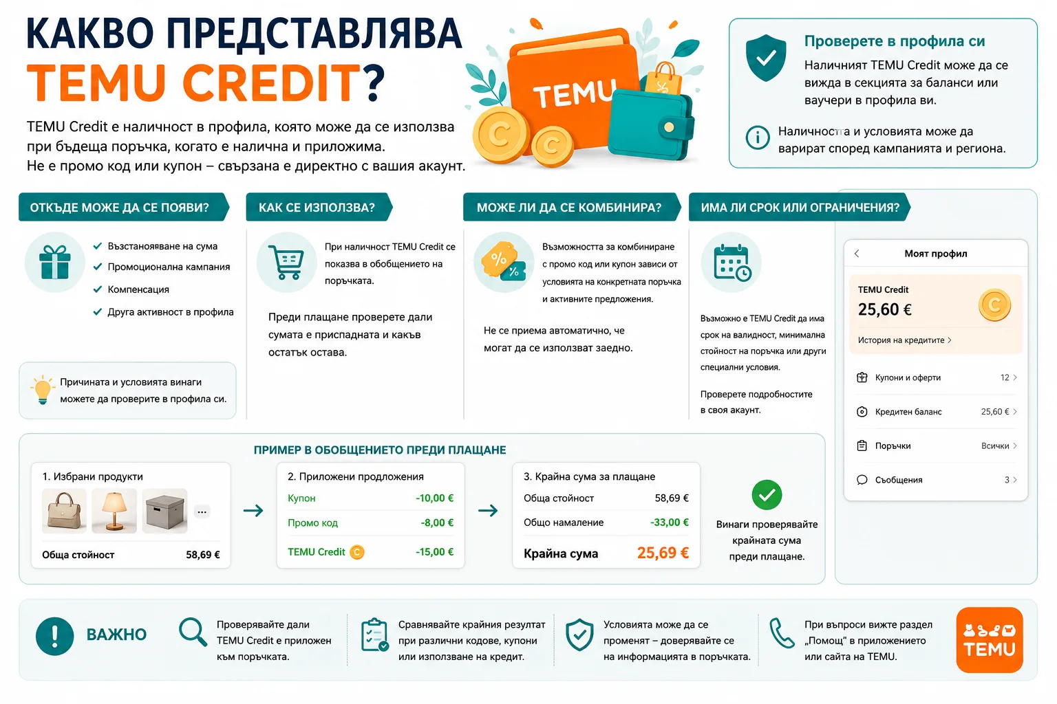 TEMU Credit – наличност в профила, възможни източници, начин на използване, комбиниране с промо код или купон, срок и ограничения, и проверка на крайната сума преди плащане