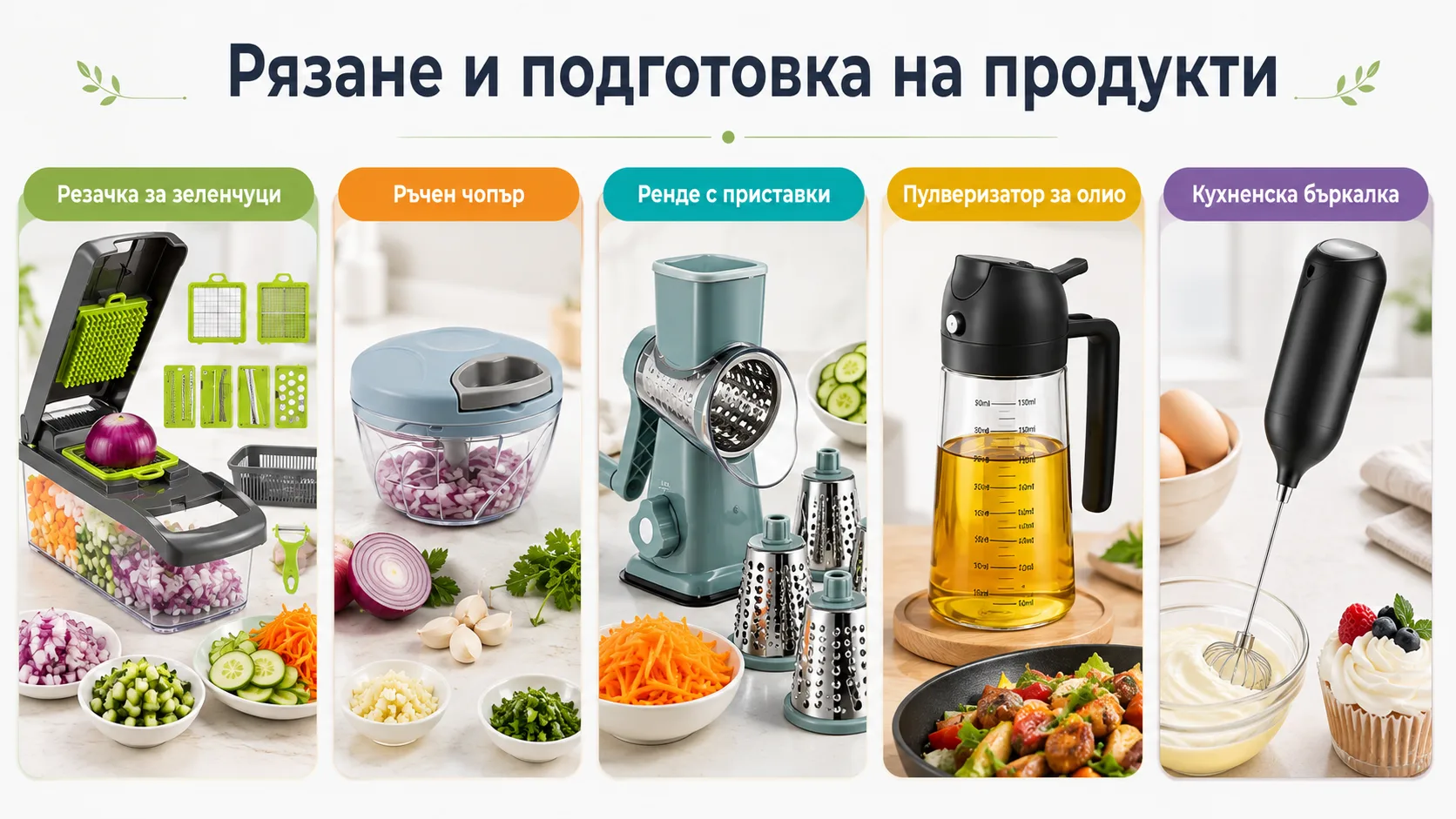 Кухненски джаджи за рязане и подготовка на продукти – резачка за зеленчуци, ръчен чопър, ренде с приставки, пулверизатор за олио и кухненска бъркалка