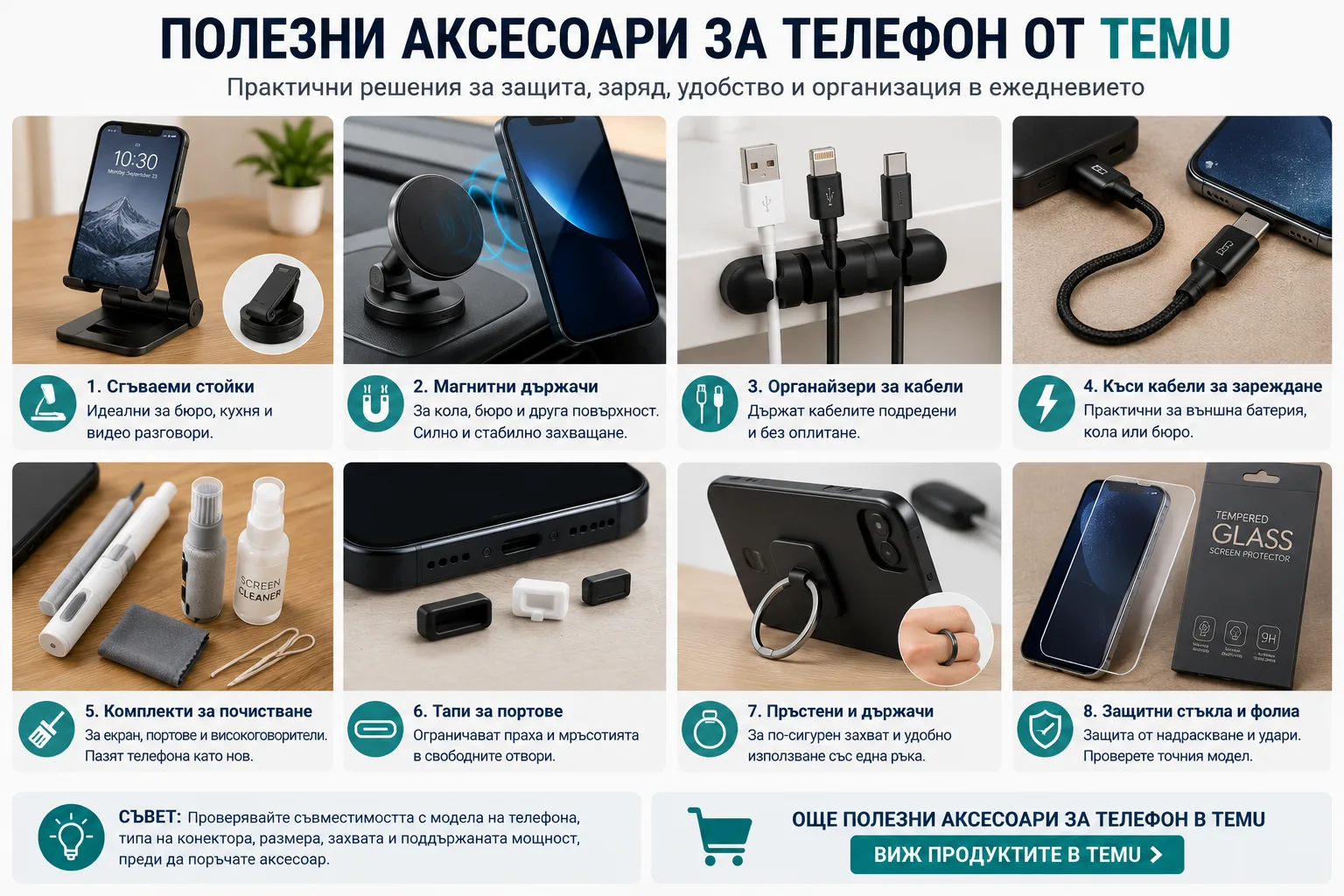 Полезни аксесоари за телефон от TEMU – сгъваеми стойки, магнитни държачи, органайзери и къси кабели, комплекти за почистване, тапи за портове, пръстени за захват и защитни стъкла