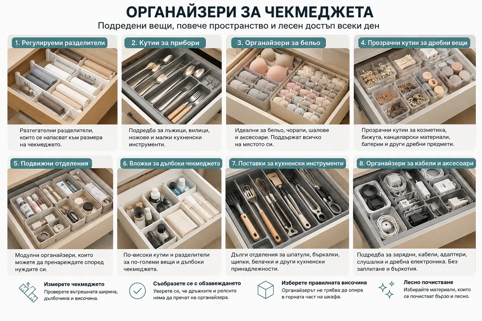 Органайзери за чекмеджета от TEMU – регулируеми разделители, кутии за прибори, органайзери за бельо, прозрачни кутии за дребни вещи, модулни отделения, вложки за дълбоки чекмеджета, поставки за кухненски инструменти и органайзери за кабели