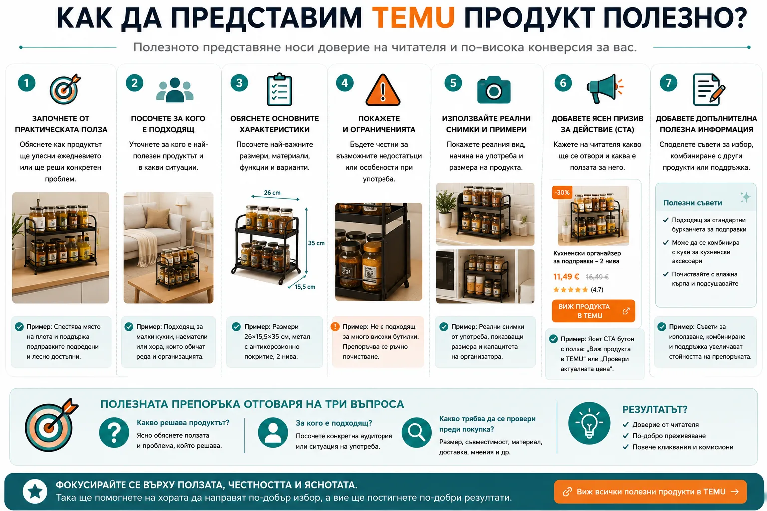 Как да представим TEMU продукт полезно – практическа полза, подходяща аудитория, основни характеристики, ограничения, реални снимки, ясен CTA и допълнителни съвети преди покупка