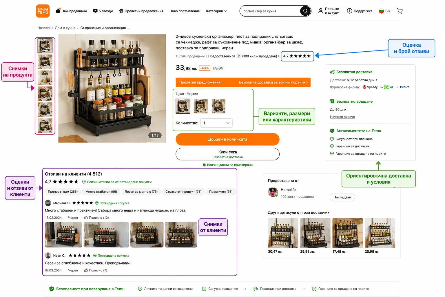 Как да избираме TEMU продукти за публикации – проверка на снимки, оценки, клиентски отзиви, варианти, доставка и условия