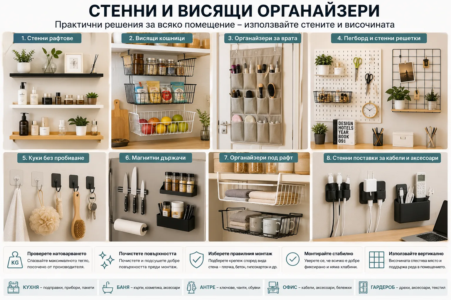Стенни и висящи органайзери от TEMU – стенни рафтове, висящи кошници, органайзери за врата, пегборд и стенни решетки, куки без пробиване, магнитни държачи, кошници под рафт и поставки за кабели