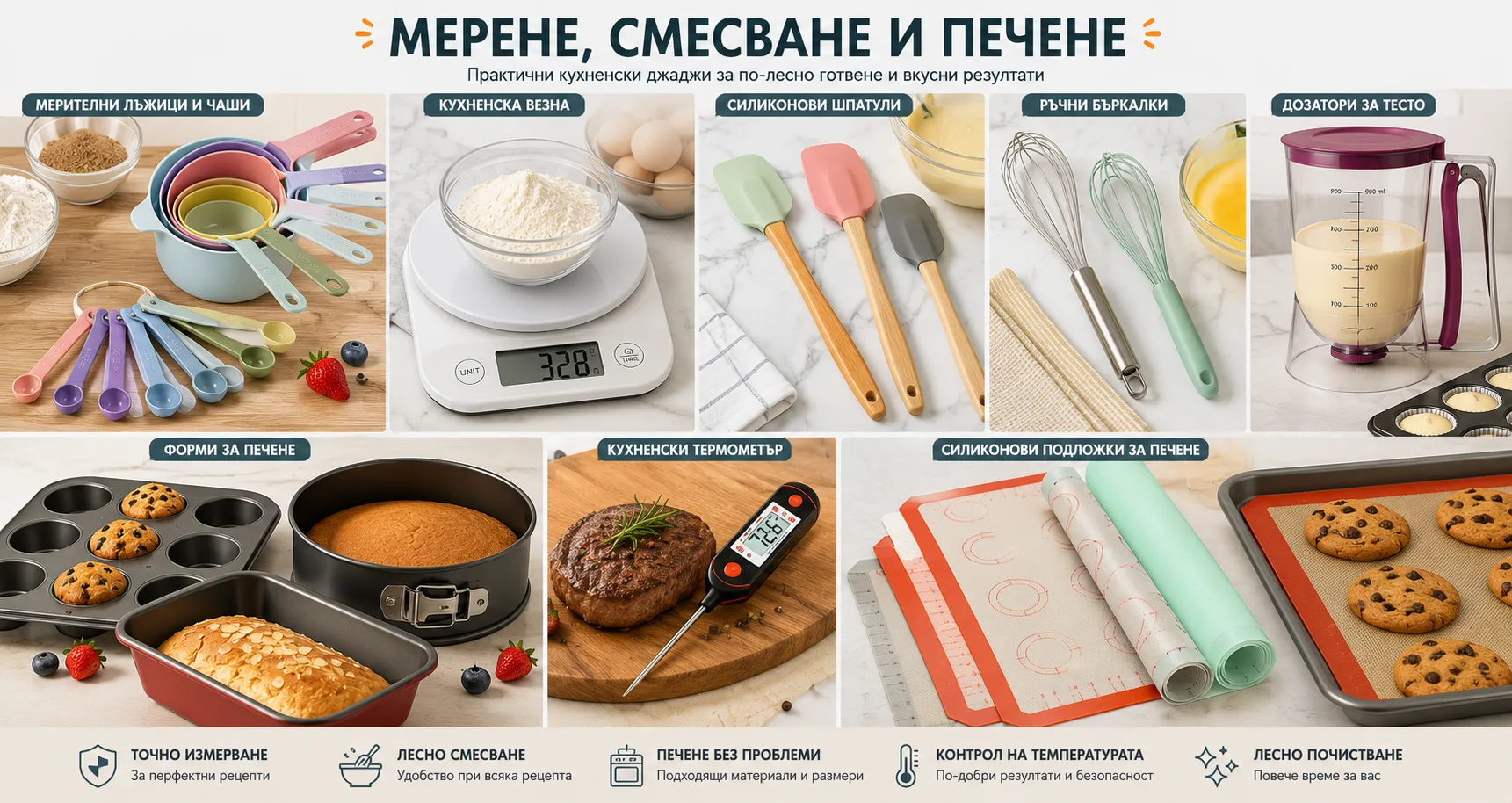 Кухненски джаджи за мерене, смесване и печене – мерителни чаши и лъжици, кухненска везна, силиконови шпатули, ръчни бъркалки, форми, термометър и подложки за печене