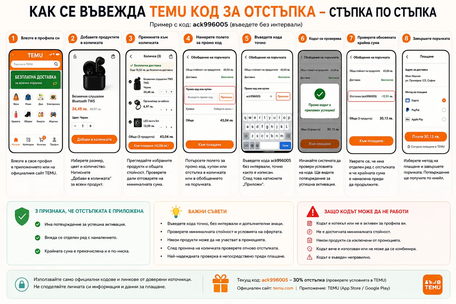 Как се въвежда TEMU код за отстъпка – вход в профила, добавяне на продукти в количката, намиране на полето за промо код, въвеждане на ack996005, проверка на условията, успешно активиране, намалена крайна сума и завършване на поръчката