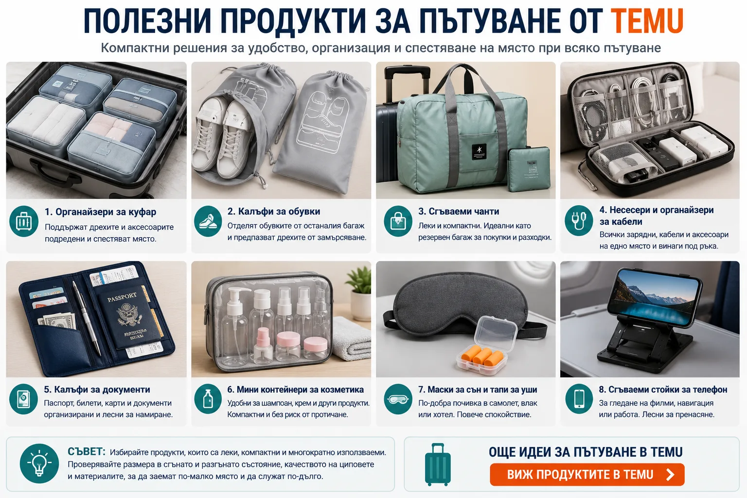 Полезни продукти за пътуване от TEMU – органайзери за куфар, калъфи за обувки и документи, сгъваеми чанти, несесери за кабели, мини контейнери за козметика, маски за сън, тапи за уши и сгъваеми стойки за телефон