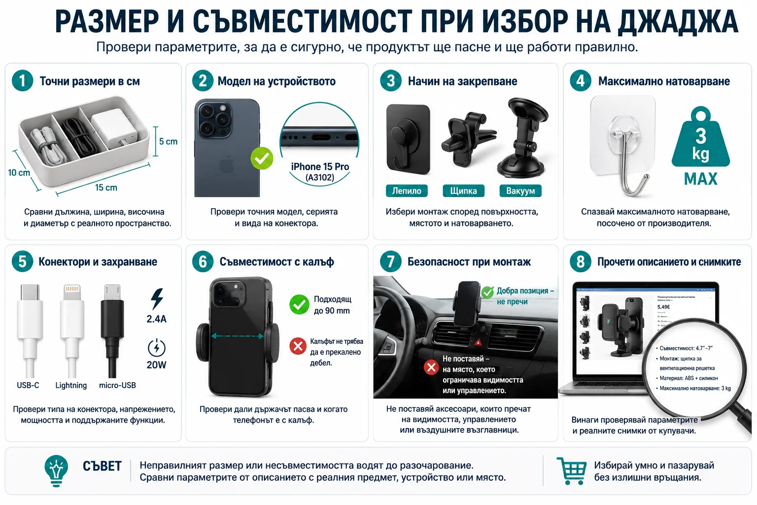 Размер и съвместимост при избор на джаджа – проверка на точните размери, модела на устройството, начина на закрепване, максималното натоварване, конекторите, захранването, съвместимостта с калъф и безопасността при монтаж