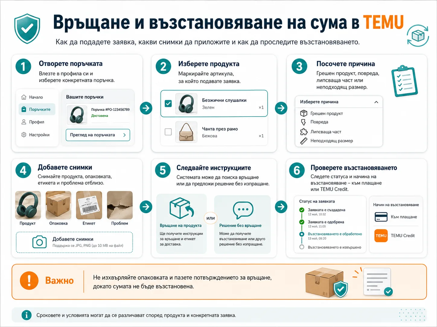 Връщане и възстановяване на сума в TEMU – избор на поръчка и продукт, посочване на причина, добавяне на снимки, следване на инструкциите и проследяване на възстановяването към плащане или TEMU Credit