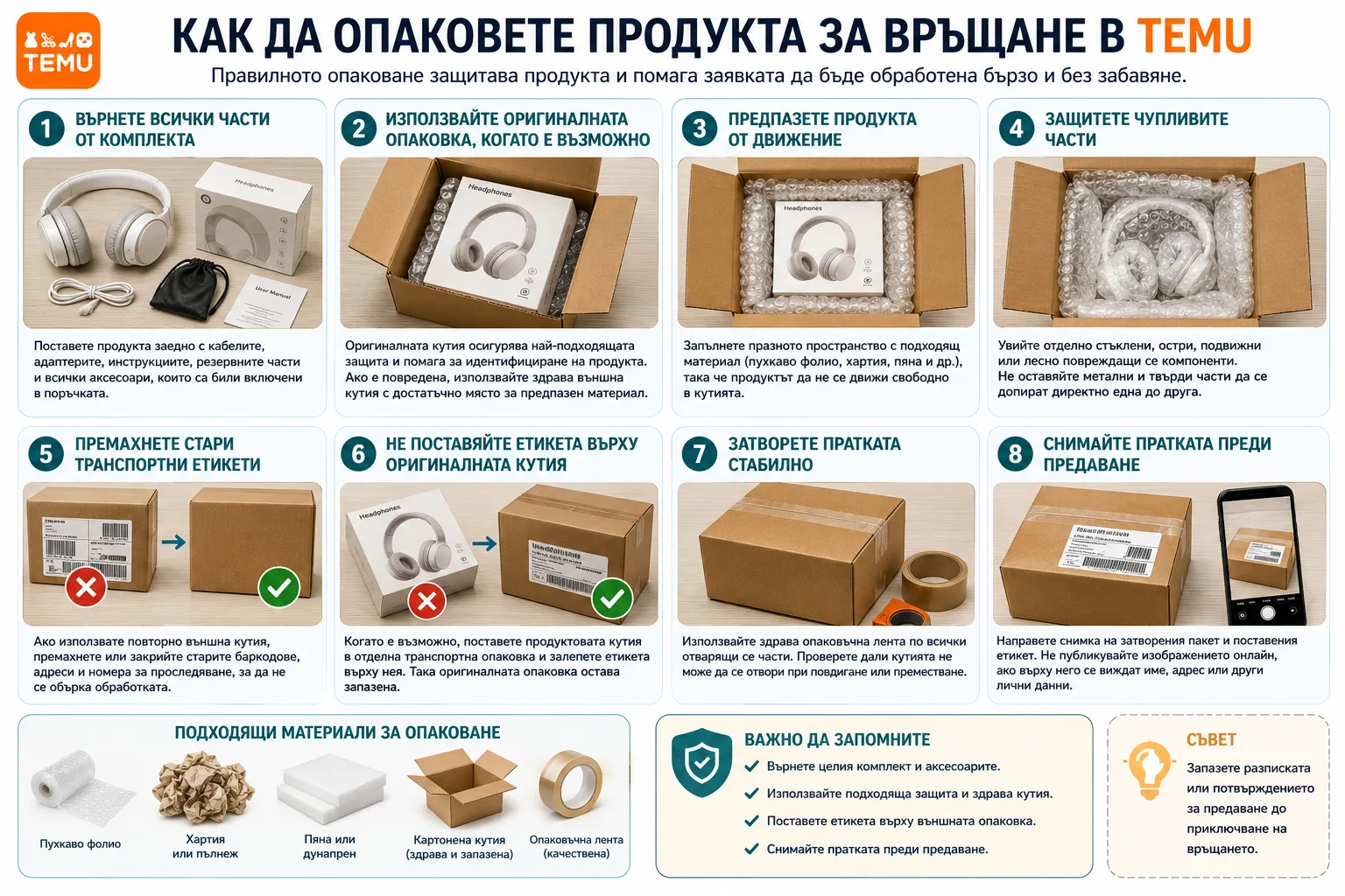 Опаковане на продукт за връщане в TEMU – връщане на целия комплект, използване на оригинална или здрава външна кутия, защита на чупливите части, премахване на стари етикети, стабилно затваряне и снимка на пратката преди предаване