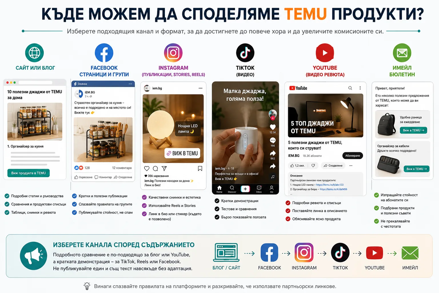 Къде можем да споделяме TEMU продукти – сайт или блог, Facebook, Instagram, TikTok, YouTube и имейл бюлетин с подходящ формат за всеки канал