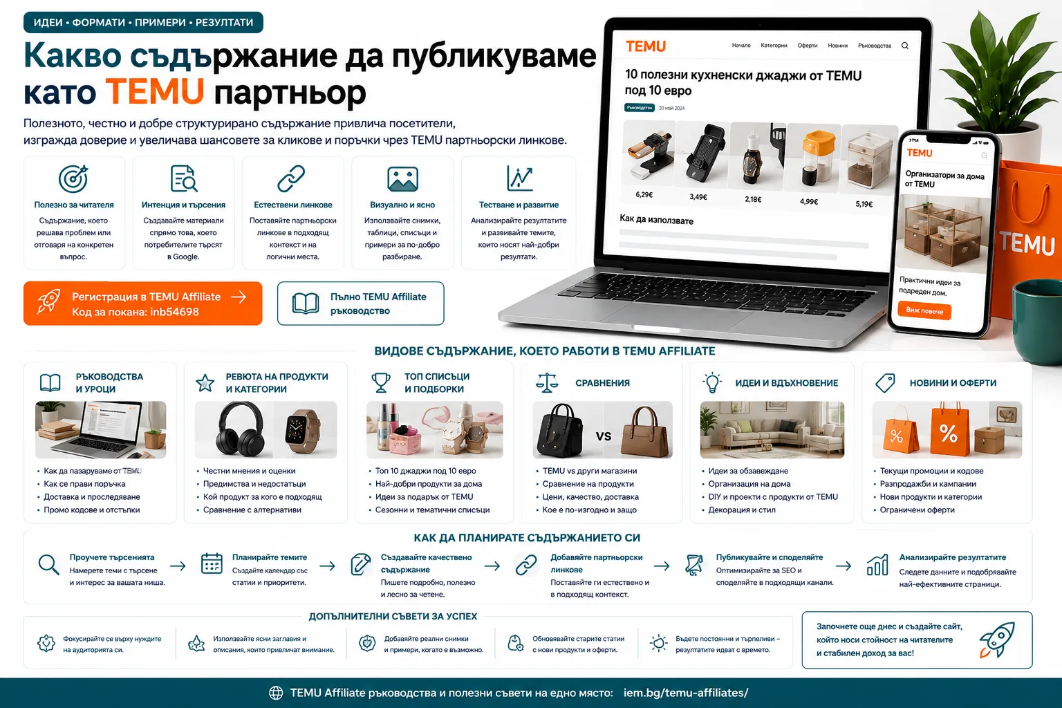 Какво съдържание да публикуваме като TEMU партньор – ръководства, продуктови ревюта, тематични списъци, сравнения, идеи и оферти, планиране на теми, добавяне на партньорски линкове и анализ на резултатите