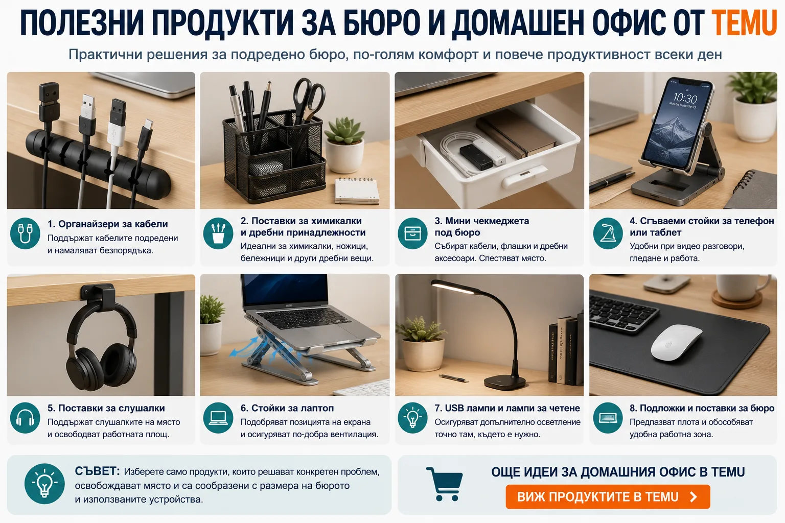 Полезни продукти за бюро и домашен офис от TEMU – органайзери за кабели, поставки за химикалки, мини чекмеджета, сгъваеми стойки за телефон и таблет, поставки за слушалки, стойки за лаптоп, USB лампи и подложки за бюро
