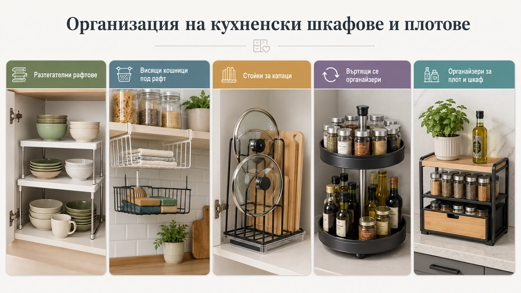 Организация на кухненски шкафове и плотове – разтегателни рафтове, висящи кошници, стойки за капаци, въртящи се органайзери и поставки за подправки
