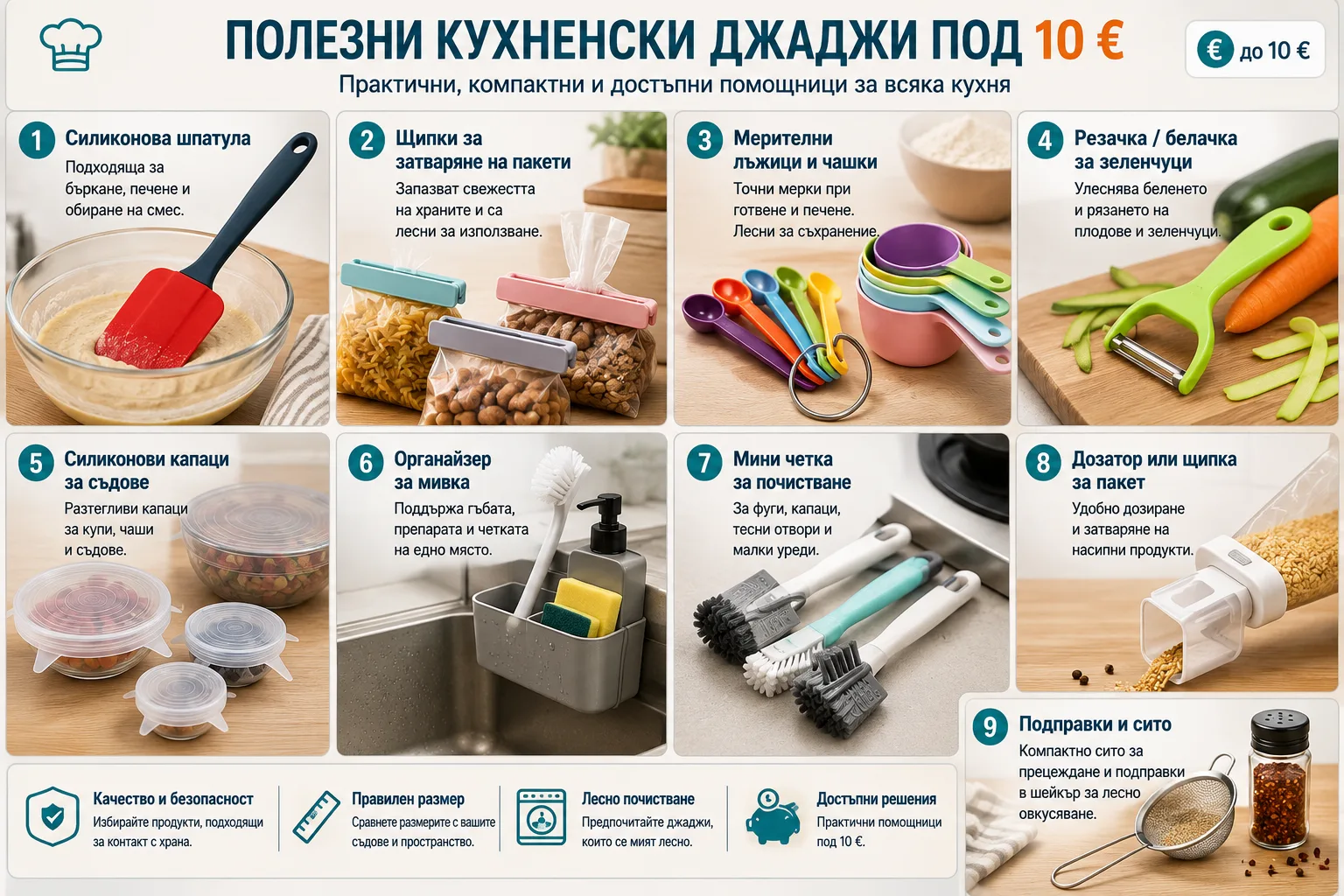 Полезни кухненски джаджи под 10 евро – силиконова шпатула, щипки за пакети, мерителни лъжици и чашки, белачка за зеленчуци, силиконови капаци, органайзер за мивка, мини четки за почистване и дозатор за насипни продукти
