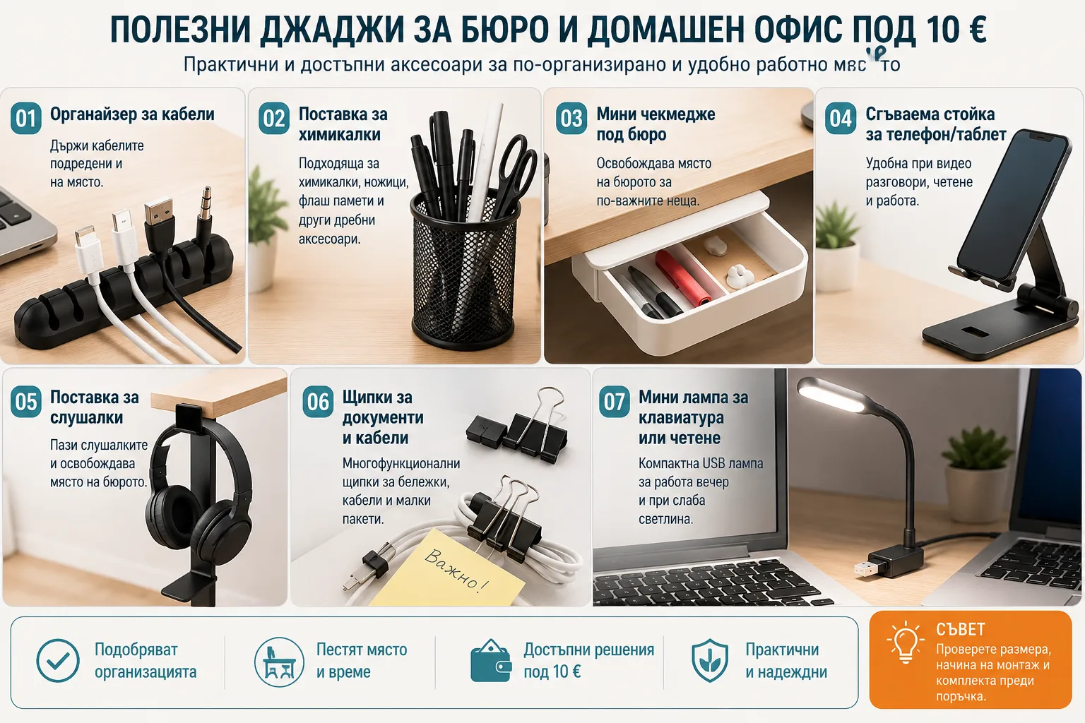 Полезни джаджи за бюро и домашен офис под 10 евро – органайзер за кабели, поставка за химикалки, мини чекмедже, сгъваема стойка за телефон или таблет, поставка за слушалки, щипки и USB лампа за четене