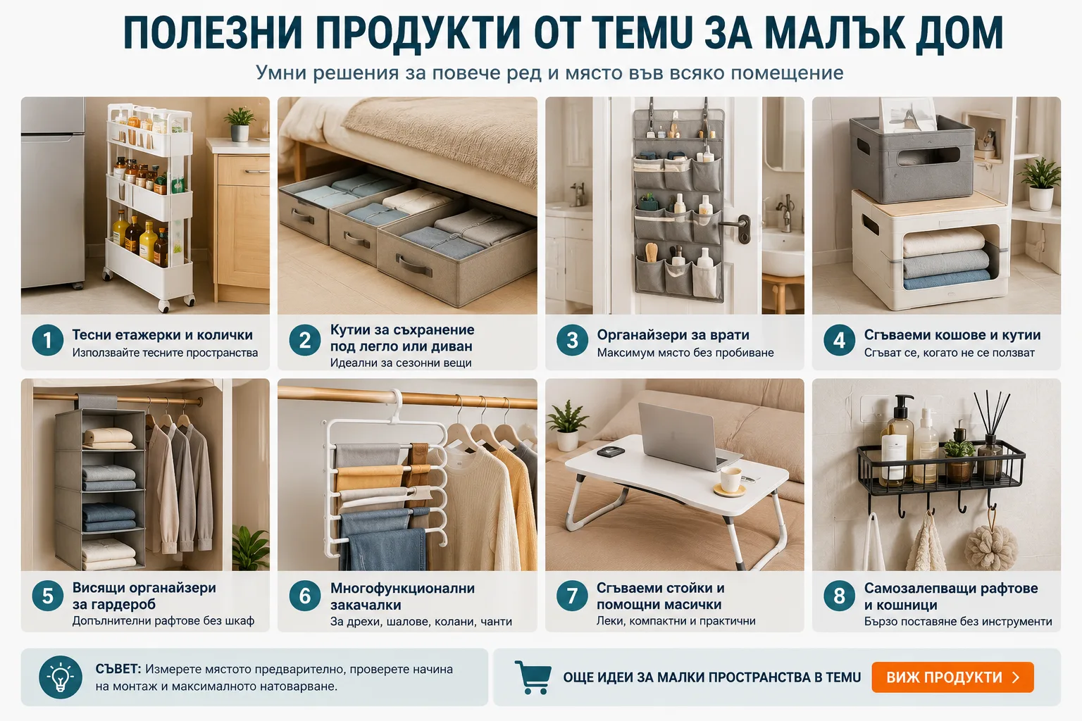 Полезни продукти от TEMU за малък дом – тесни етажерки, кутии за съхранение под легло, органайзери за врати и гардероб, сгъваеми кошове и стойки, многофункционални закачалки и самозалепващи рафтове