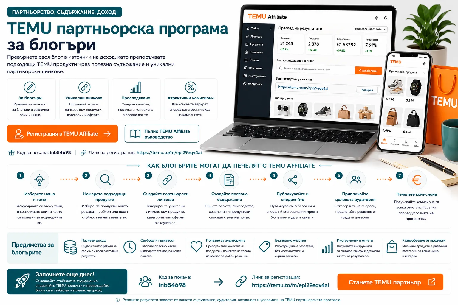 TEMU партньорска програма за блогъри – избор на ниша и подходящи продукти, създаване на полезно съдържание, използване на партньорски линкове, привличане на целева аудитория и печелене на комисиони