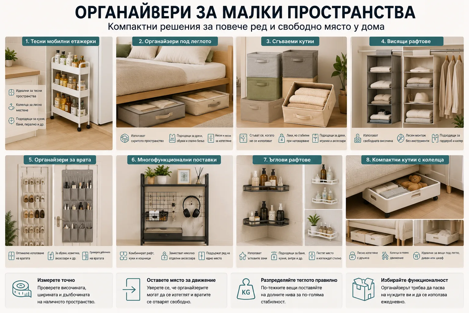 Органайзери за малки пространства от TEMU – тесни мобилни етажерки, кутии под леглото, сгъваеми кутии, висящи рафтове, органайзери за врата, многофункционални поставки, ъглови рафтове и компактни кутии с колелца
