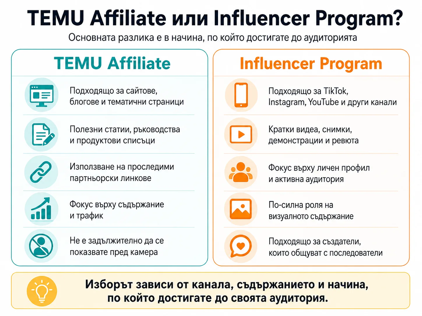 TEMU Affiliate или Influencer Program – сравнение на подходящите канали, видовете съдържание, партньорските линкове, аудиторията и визуалното представяне