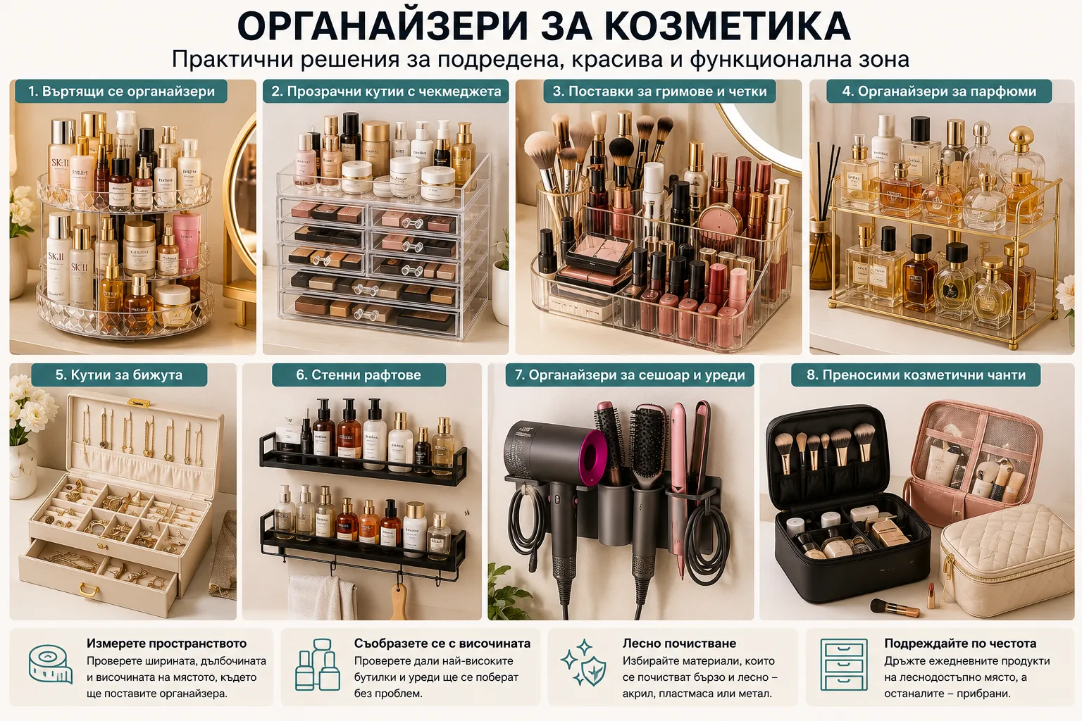 Органайзери за козметика от TEMU – въртящи се поставки, прозрачни кутии с чекмеджета, органайзери за гримове и четки, парфюми, бижута, стенни рафтове, държачи за сешоар и преносими козметични чанти