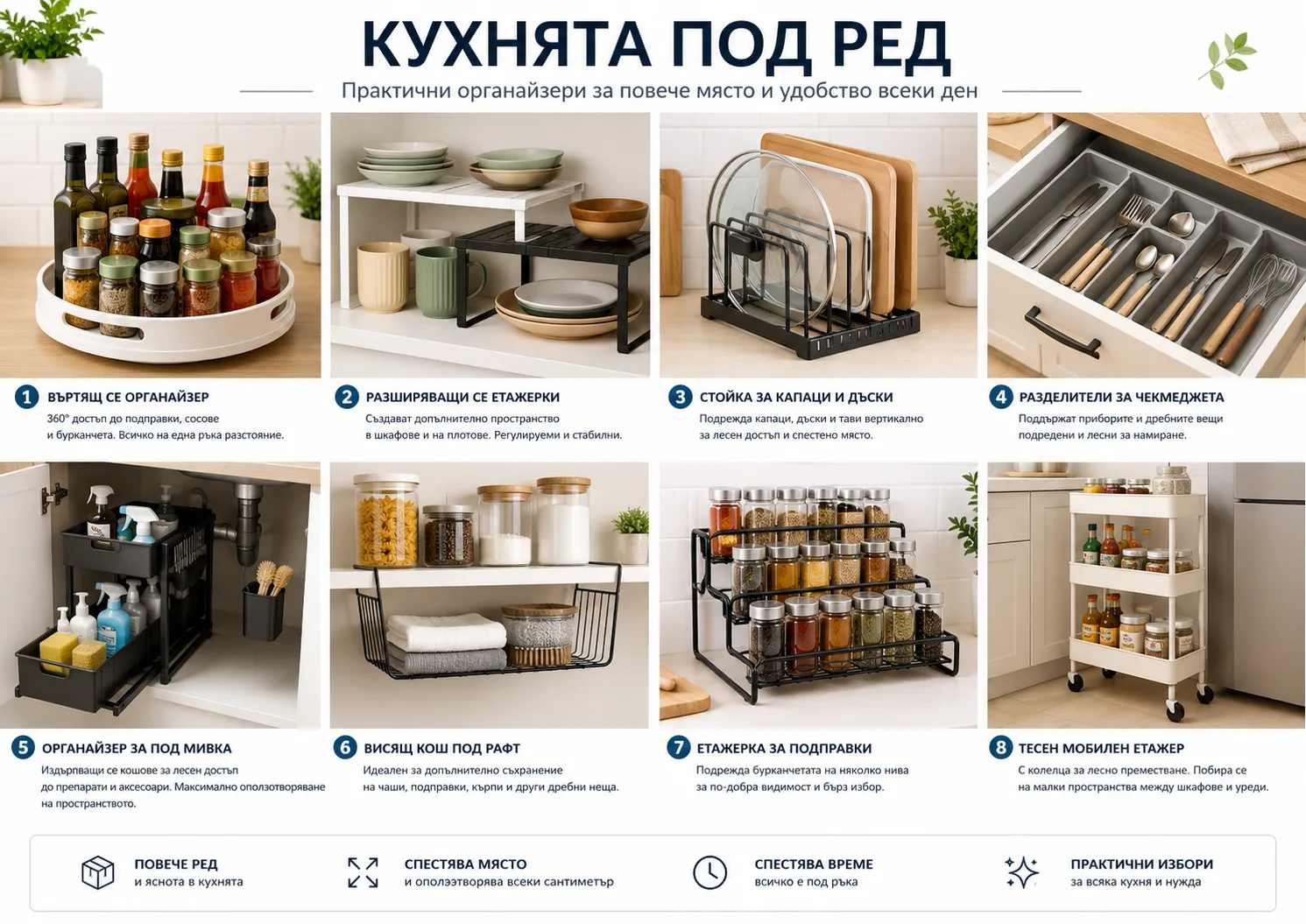 Кухненски органайзери от TEMU – въртяща поставка, разтегателни рафтове, стойка за капаци и дъски, разделители за чекмеджета, органайзер под мивка, висяща кошница, етажерка за подправки и тесен мобилен рафт