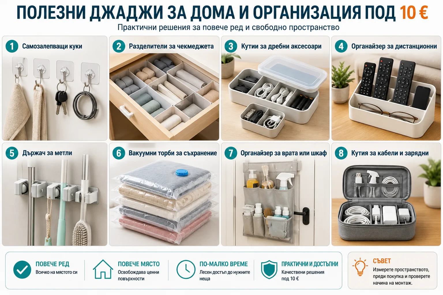 Полезни джаджи за дома и организация под 10 евро – самозалепващи куки, разделители за чекмеджета, кутии за дребни аксесоари, органайзер за дистанционни, държач за метли, вакуумни торби, органайзер за врата и кутия за кабели и зарядни