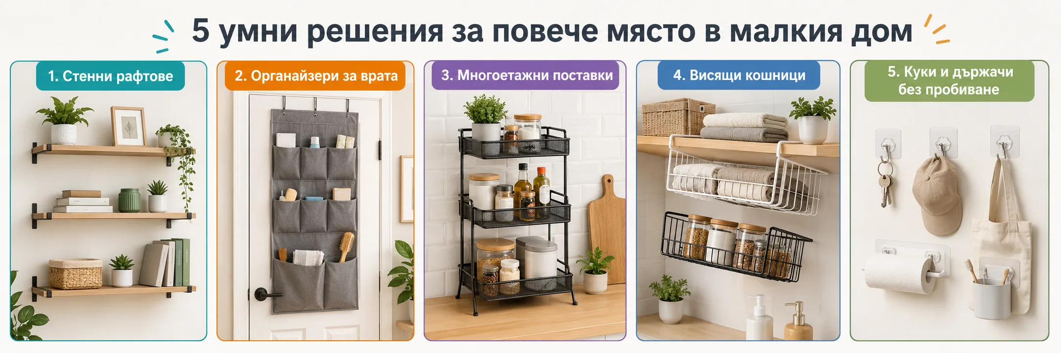 5 умни решения за вертикално съхранение в малък дом – стенни рафтове, органайзери за врата, многоетажни поставки, висящи кошници и куки без пробиване
