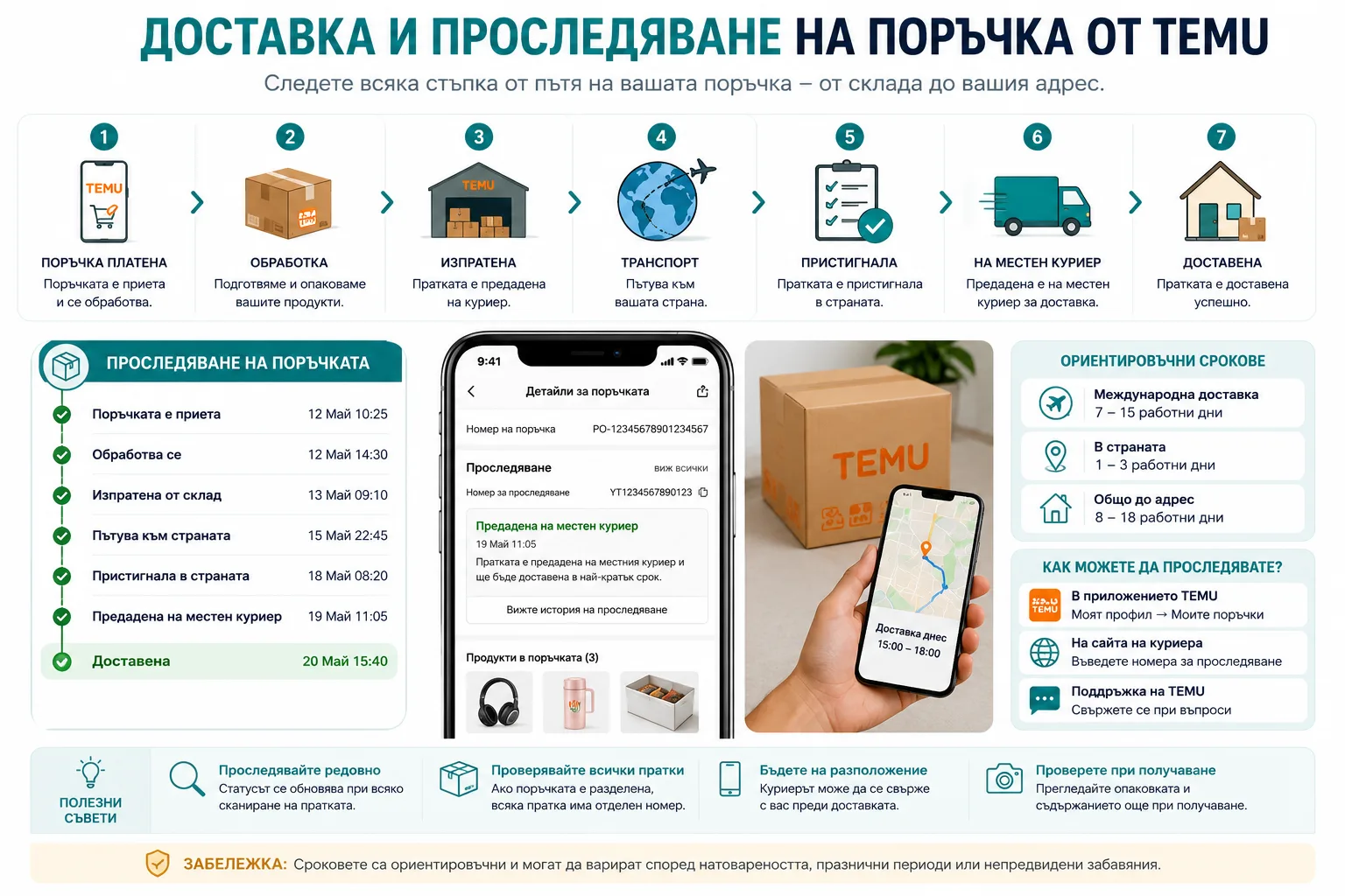 Доставка и проследяване на поръчка от TEMU – обработка, изпращане, международен транспорт, местен куриер, ориентировъчни срокове, статуси на пратката и проверка при получаване