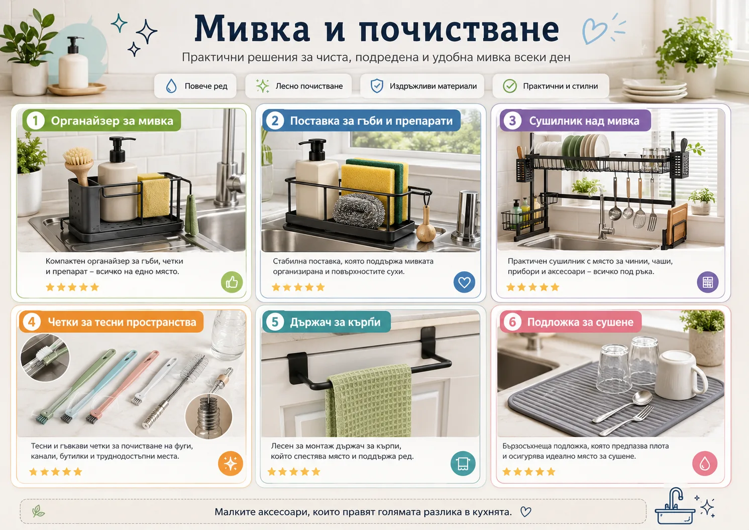 Кухненски аксесоари за мивка и почистване – органайзер за гъби и препарати, сушилник над мивка, четки за тесни пространства, държач за кърпи и подложка за сушене