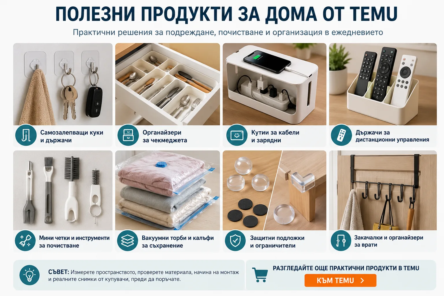Полезни продукти за дома от TEMU – самозалепващи куки, органайзери за чекмеджета, кутии за кабели, държачи за дистанционни, четки за почистване, вакуумни торби, защитни подложки и органайзери за врати