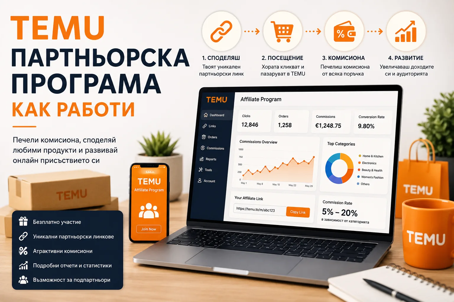 TEMU партньорска програма – как работи споделянето на партньорски линкове, привличането на посещения, печеленето на комисиони, проследяването на резултати и развитието на подпартньорска мрежа