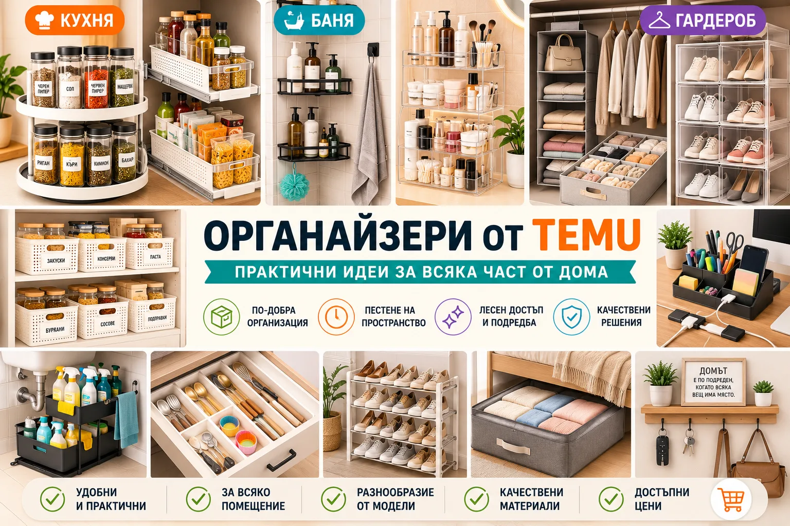 Органайзери от TEMU за кухнята, банята, гардероба, обувките, бюрото и различни части на дома