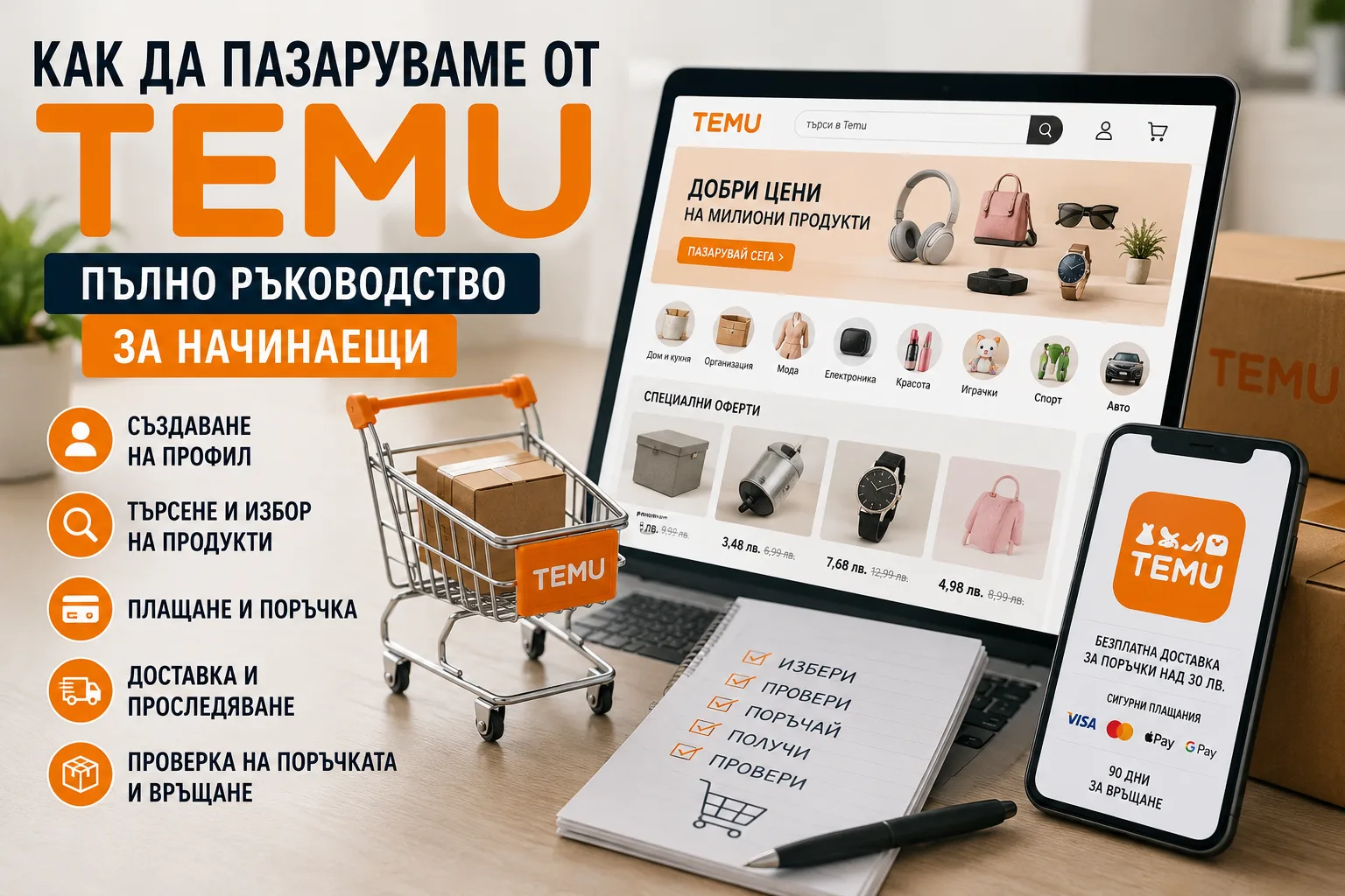 Как да пазаруваме от TEMU – пълно ръководство за регистрация, избор на продукти, поръчка, плащане, доставка и връщане