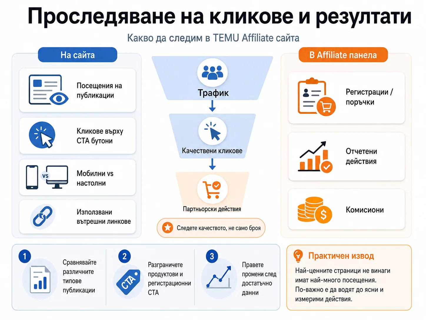 Проследяване на кликове и резултати в TEMU Affiliate сайт – трафик, CTA бутони, регистрации, поръчки и комисиони