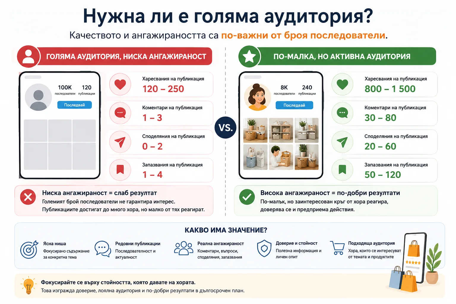 Нужна ли е голяма аудитория – сравнение между много последователи с ниска активност и по-малка, но ангажирана аудитория с повече реакции, доверие и по-добри резултати
