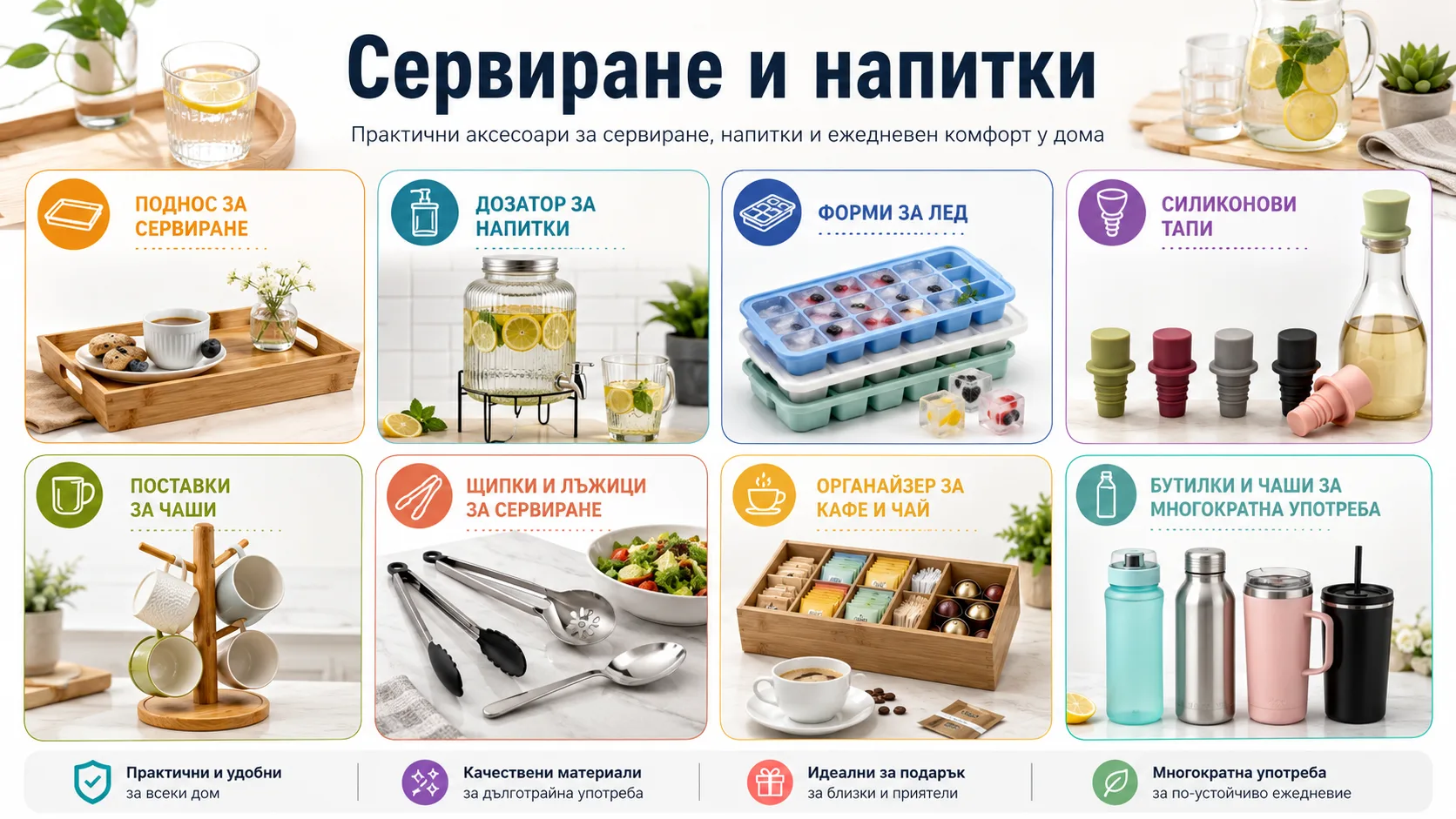 Кухненски аксесоари за сервиране и напитки – поднос, дозатор за напитки, форми за лед, силиконови тапи, поставки за чаши, щипки, органайзер за кафе и чай и бутилки за многократна употреба