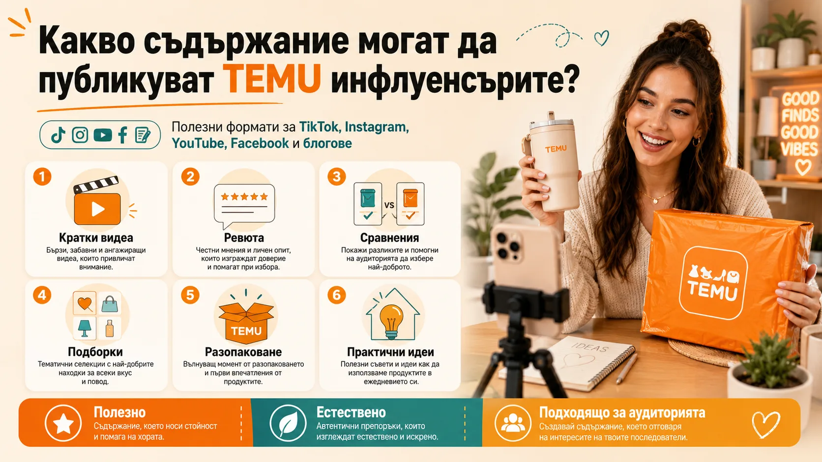 Идеи за TEMU съдържание за инфлуенсъри – кратки видеа, ревюта, сравнения, подборки, разопаковане и практични препоръки